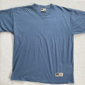 Russell Athletic T-Shirt Mens Large Blue Pro Cotton V-Stitch Heavyweight Tee